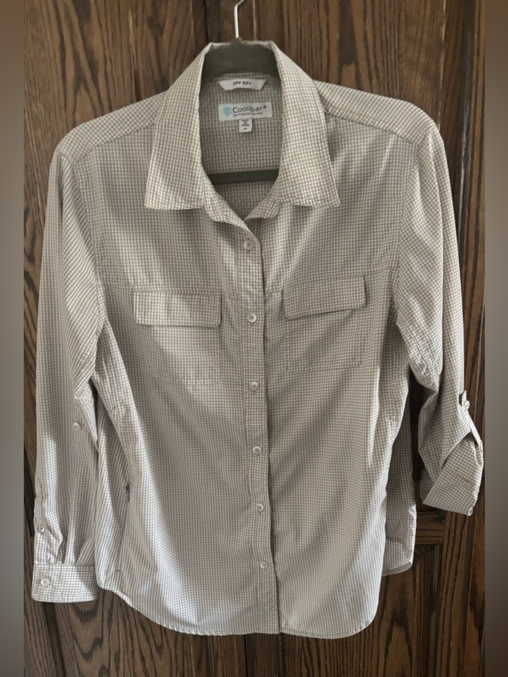 Women’s Coolibar SPF Beige and White Checked Roll-Tab Shirt Sz M